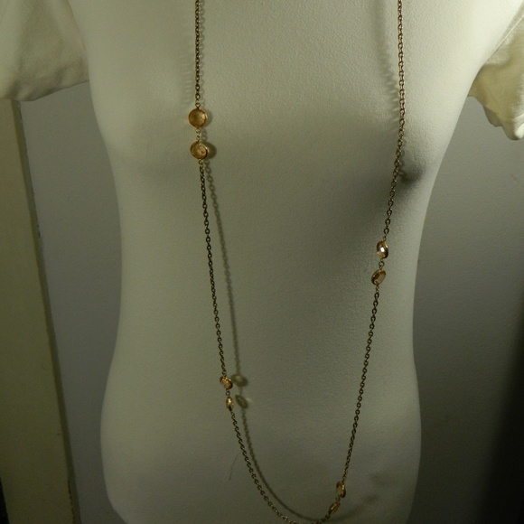 Necklace 60" gold tone chain champagne crystal - Picture 3 of 3